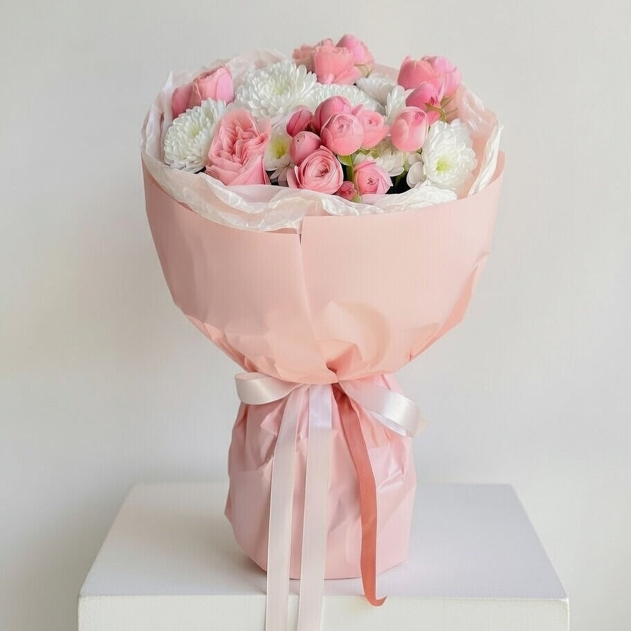 Bouquet of pink and white flowers wrapped in pink paper with a ribbon on a white surface.